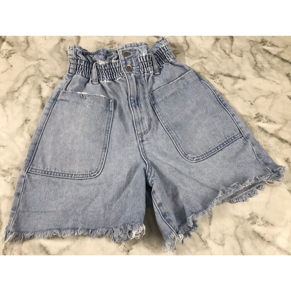 VGT ZARA Paper Bag High Rise Denim Shorts Womens 0 Button Fly BOHO Hippie - Picture 2 of 6